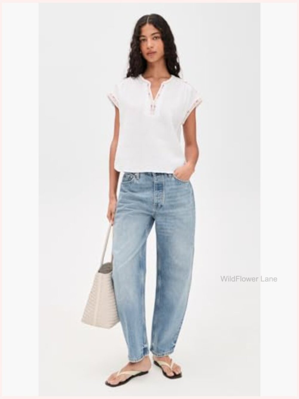 Short Cap Sleeve V-Neck Blouse - Lightweight Gauze - Picture 5 of 6